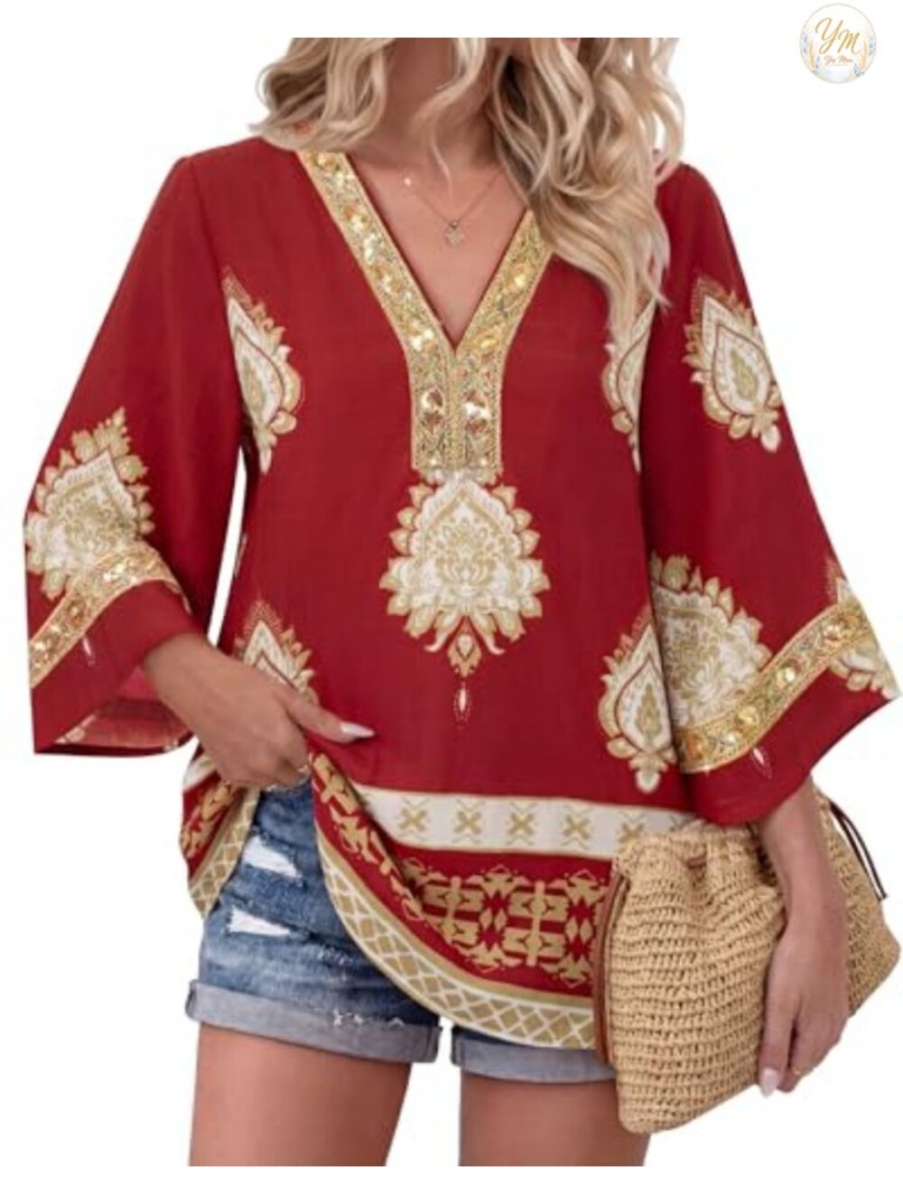 Boho Embroidered V-Neck Tunic Top 3/4 Bell Sleeve